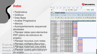 Datas
• Parâmetros
• Gráficos
• Data Base
• Análise Progressiva
• Marcos
• Acompanhamento sequencial
atividades
• Planejar datas para elementos
PEP (plano da estrutura do
projeto)
• Planejar recursos com redes
• Planejar múltiplos Recursos
• Planejar materiais com redes
• Planejar custos para estrutura
do projeto 4
O uso da programação de datas é para
determinar as fases em um projeto e a
duração das fases, caminhos críticos e
 