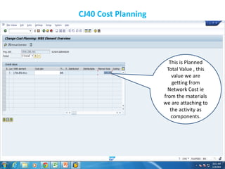 CJ40 Cost Planning
This is Planned
Total Value , this
value we are
getting from
Network Cost ie
from the materials
we are attaching to
the activity as
components.
 