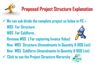 Proposed Project Structure Explanation
 We can sub divide the complete project as below in PS :-
WBS For Structure
WBS For Coldform ,
Revenue WBS ( For capturing Invoice Value)
New WBS Structure (Amendments In Quantity & BOQ List)
New WBS Coldform (Amendments In Quantity & BOQ List)
 Click to see the Project Structure Hierarchy
 