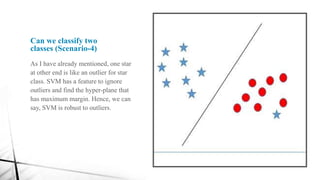 Can we classify two
classes (Scenario-4)
As I have already mentioned, one star
at other end is like an outlier for star
class. SVM has a feature to ignore
outliers and find the hyper-plane that
has maximum margin. Hence, we can
say, SVM is robust to outliers.
 