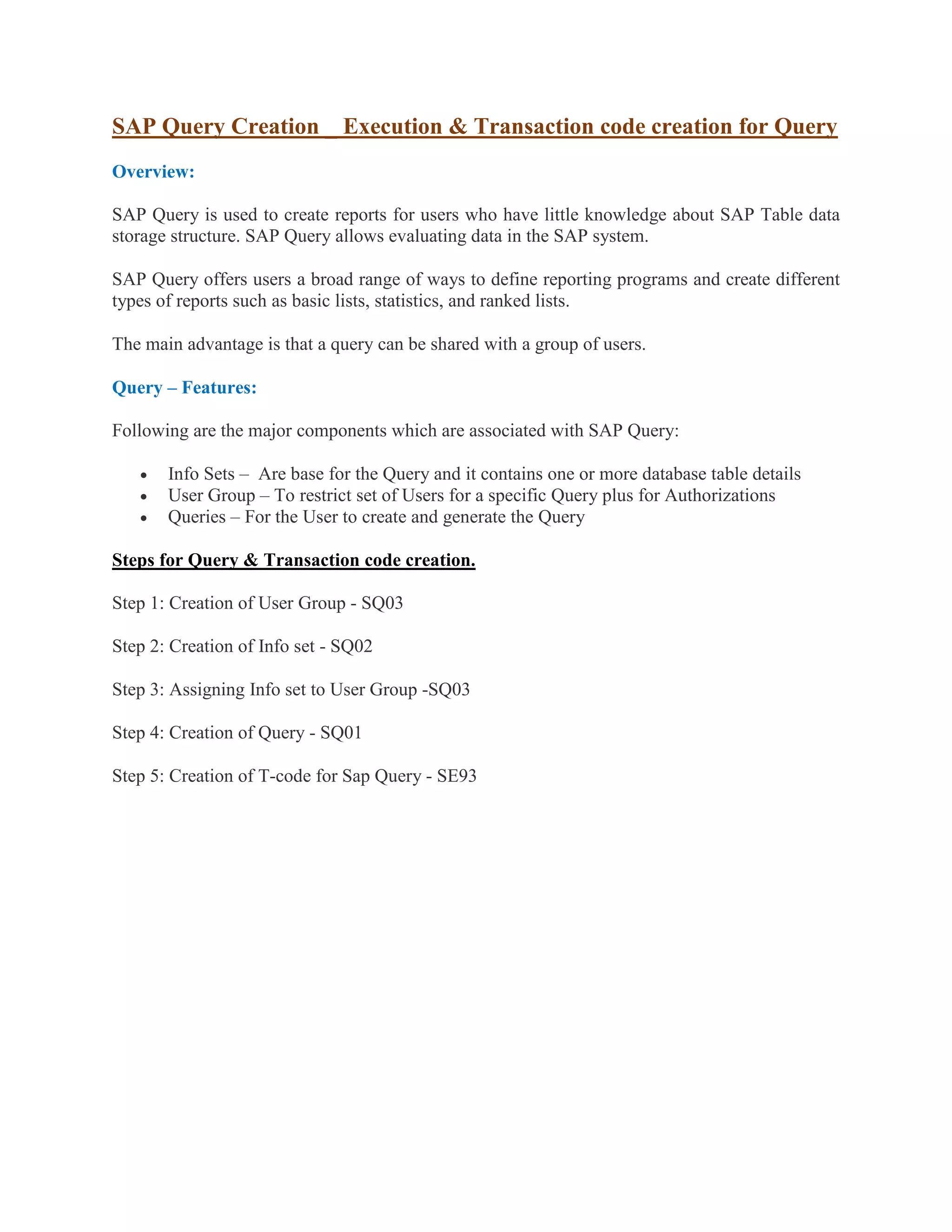 Sap query creation & transcation code creation for sap query | PDF