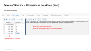 15
INTERNAL – SAP and Partners Only
Reforma Tributária – Alterações na Nota Fiscal (Item)
Aba ‘Item Messages’
Tipo de Texto 6 – CBS/IBS
Texto legal vem do tax situation.
Deve ser cadastrado logado no idioma português
 