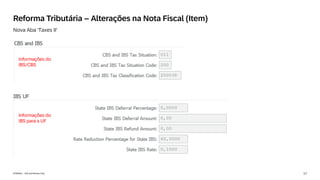 17
INTERNAL – SAP and Partners Only
Reforma Tributária – Alterações na Nota Fiscal (Item)
Nova Aba ‘Taxes II’
Informações do
IBS/CBS
Informações do
IBS para a UF
 