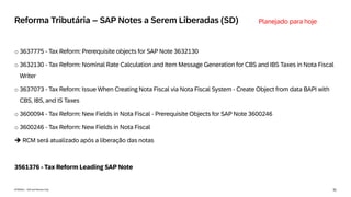31
INTERNAL – SAP and Partners Only
Reforma Tributária – SAP Notes a Serem Liberadas (SD)
o 3637775 - Tax Reform: Prerequisite objects for SAP Note 3632130
o 3632130 - Tax Reform: Nominal Rate Calculation and Item Message Generation for CBS and IBS Taxes in Nota Fiscal
Writer
o 3637073 - Tax Reform: Issue When Creating Nota Fiscal via Nota Fiscal System - Create Object from data BAPI with
CBS, IBS, and IS Taxes
o 3600094 - Tax Reform: New Fields in Nota Fiscal - Prerequisite Objects for SAP Note 3600246
o 3600246 - Tax Reform: New Fields in Nota Fiscal
➔ RCM será atualizado após a liberação das notas
3561376 - Tax Reform Leading SAP Note
Planejado para hoje
 