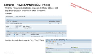 40
INTERNAL – SAP and Partners Only
Compras – Novas SAP Notes MM - Pricing
• Reforma Tributária: exceções de alíquotas de IBS ou CBS por NBS
Sequências de acesso considerando o NBS como chave
Exemplo:
Registro de condição – transação FV11 / FV12 / FV13:
 