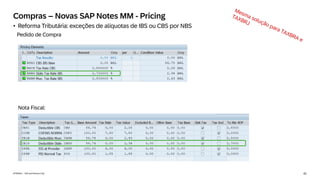 41
INTERNAL – SAP and Partners Only
Compras – Novas SAP Notes MM - Pricing
• Reforma Tributária: exceções de alíquotas de IBS ou CBS por NBS
Pedido de Compra
Nota Fiscal:
 