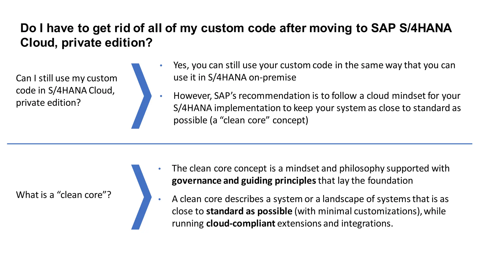 Can I still use my custom
code in S/4HANA Cloud,
private edition?
What is a “clean core”?
• Yes, you can still use your custom code in the same way that you can
use it in S/4HANA on-premise
• However, SAP’s recommendation is to follow a cloud mindset for your
S/4HANA implementation to keep your system as close to standard as
possible (a “clean core” concept)
• The clean core concept is a mindset and philosophy supported with
governance and guiding principles that lay the foundation
• A clean core describes a system or a landscape of systems that is as
close to standard as possible (with minimal customizations),while
running cloud-compliant extensions and integrations.
Do I have to get rid of all of my custom code after moving to SAP S/4HANA
Cloud, private edition?
 