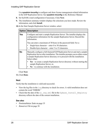 Use sysadmin lmconfig to configure and show license management-related information
in the SAP Replication Server. See sysadmin lmconfig in the Reference Manual.
8. Set SySAM e-mail configuration if necessary. Click Next.
9. The installation summary window displays the selections you have made. Review the
information, and click Install.
10. In the Start Sample Replication Server window, select:
Option Description
Yes Configure and start a sample Replication Server. The installer displays the
configuration information for the sample Replication Server. Record this
information.
You can enter a maximum of 30 bytes in the password field. For a:
• Single-byte character – enter 6 to 30 characters.
• Double-byte character – enter 3 to 15 characters.
No Manually configure a full-featured SAP Replication Server and start a sample
Replication Server after installation. The installer prompts you to either create
a sample Replication Server directory or to proceed with the installation.
Select either:
• Yes – to create a sample Replication Server directory without starting the
sample Replication Server, or,
• No – to continue with the installation.
Click Next.
11. Click Done.
Next
Verify that the installation is valid and successful.
• View the log files in the log directory to check for errors. A valid installation does not
contain the word “ERROR.”
• Check that the date of the si_reg.xml file in the Sybase_Install_Registry
directory reflects the date of the current installation.
See also
• Postinstallation Tasks on page 35
• Runserver File on page 38
Installing SAP Replication Server
28 SAP Replication Server
 