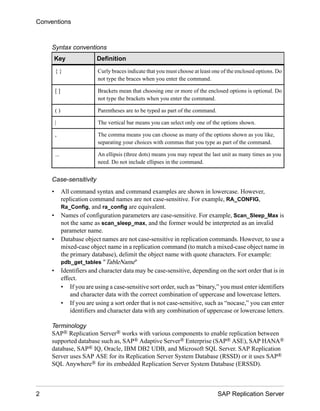 Syntax conventions
Key Definition
{ } Curly braces indicate that you must choose at least one of the enclosed options. Do
not type the braces when you enter the command.
[ ] Brackets mean that choosing one or more of the enclosed options is optional. Do
not type the brackets when you enter the command.
( ) Parentheses are to be typed as part of the command.
| The vertical bar means you can select only one of the options shown.
, The comma means you can choose as many of the options shown as you like,
separating your choices with commas that you type as part of the command.
... An ellipsis (three dots) means you may repeat the last unit as many times as you
need. Do not include ellipses in the command.
Case-sensitivity
• All command syntax and command examples are shown in lowercase. However,
replication command names are not case-sensitive. For example, RA_CONFIG,
Ra_Config, and ra_config are equivalent.
• Names of configuration parameters are case-sensitive. For example, Scan_Sleep_Max is
not the same as scan_sleep_max, and the former would be interpreted as an invalid
parameter name.
• Database object names are not case-sensitive in replication commands. However, to use a
mixed-case object name in a replication command (to match a mixed-case object name in
the primary database), delimit the object name with quote characters. For example:
pdb_get_tables "TableName"
• Identifiers and character data may be case-sensitive, depending on the sort order that is in
effect.
• If you are using a case-sensitive sort order, such as “binary,” you must enter identifiers
and character data with the correct combination of uppercase and lowercase letters.
• If you are using a sort order that is not case-sensitive, such as “nocase,” you can enter
identifiers and character data with any combination of uppercase or lowercase letters.
Terminology
SAP® Replication Server® works with various components to enable replication between
supported database such as, SAP® Adaptive Server® Enterprise (SAP® ASE), SAP HANA®
database, SAP® IQ, Oracle, IBM DB2 UDB, and Microsoft SQL Server. SAP Replication
Server uses SAP ASE for its Replication Server System Database (RSSD) or it uses SAP®
SQL Anywhere® for its embedded Replication Server System Database (ERSSD).
Conventions
2 SAP Replication Server
 