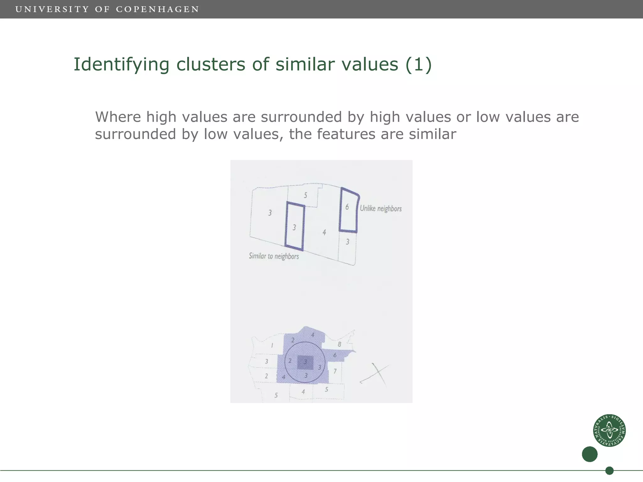 Identifying clusters of similar values (1)

  Where high values are surrounded by high values or low values are
  surrounded by low values, the features are similar
 