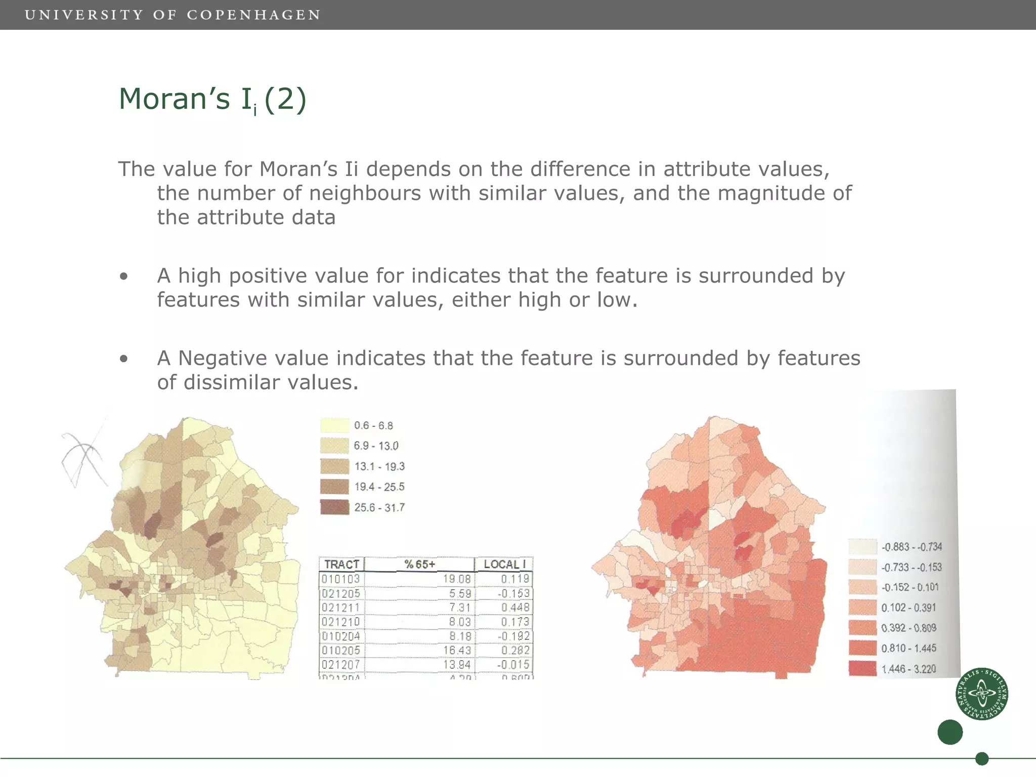Moran’s Ii (2)

The value for Moran’s Ii depends on the difference in attribute values,
   the number of neighbours with similar values, and the magnitude of
   the attribute data

•   A high positive value for indicates that the feature is surrounded by
    features with similar values, either high or low.

•   A Negative value indicates that the feature is surrounded by features
    of dissimilar values.
 