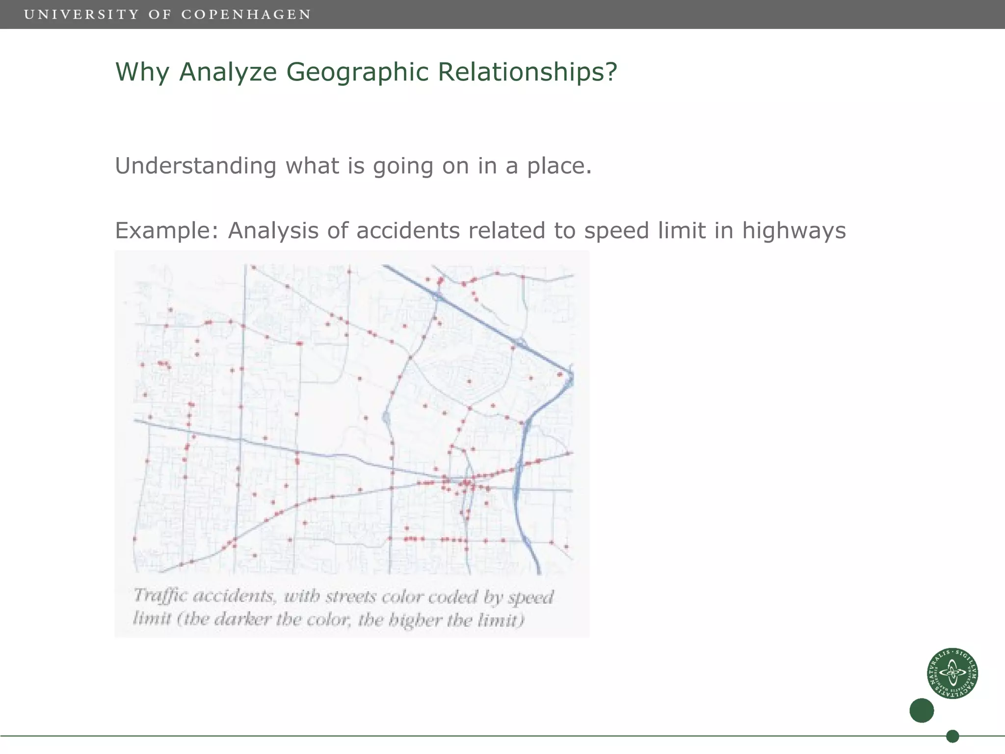 Why Analyze Geographic Relationships?


Understanding what is going on in a place.

Example: Analysis of accidents related to speed limit in highways
 