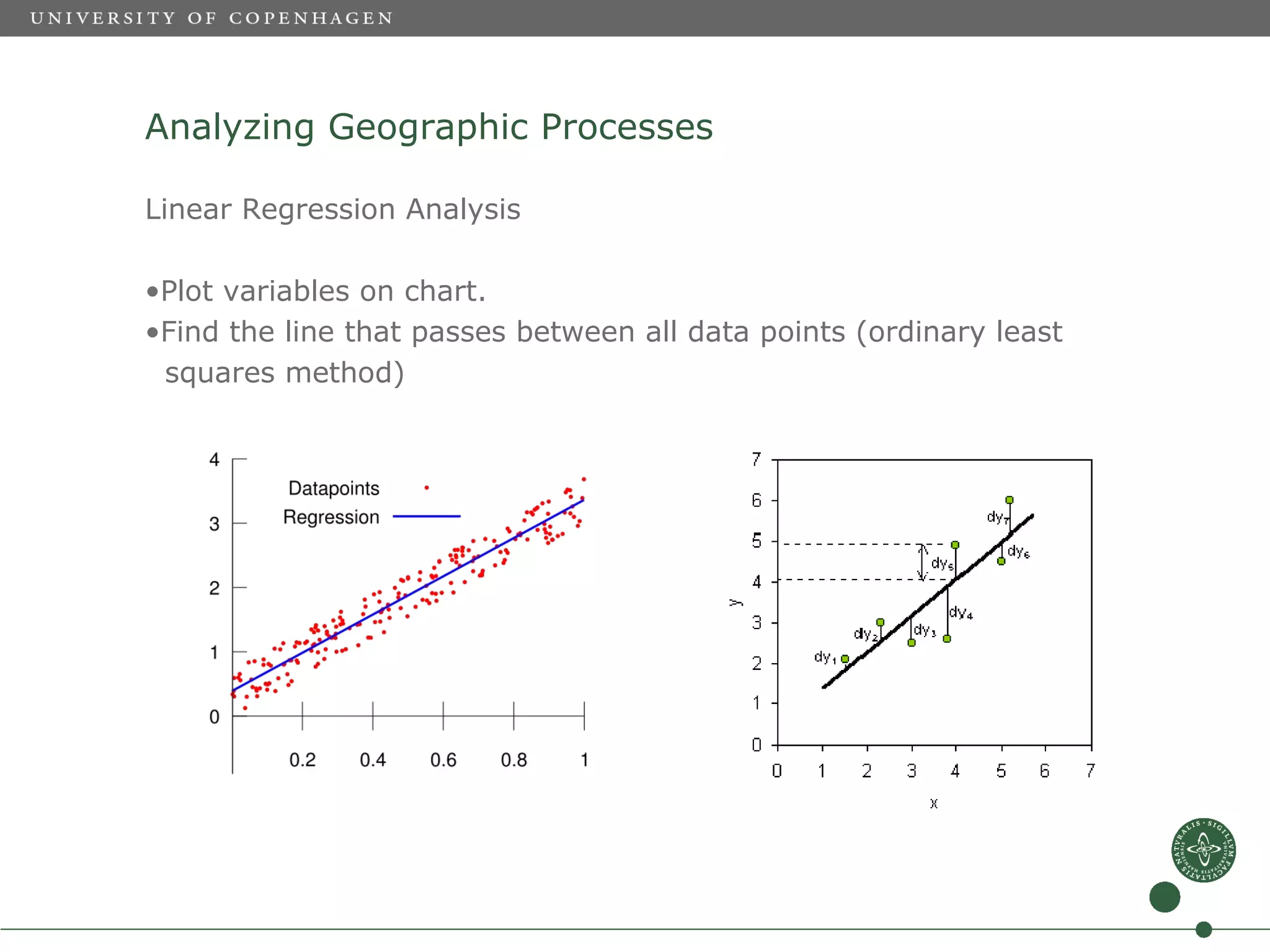 Analyzing Geographic Processes

Linear Regression Analysis

•Plot variables on chart.
•Find the line that passes between all data points (ordinary least
 squares method)
 