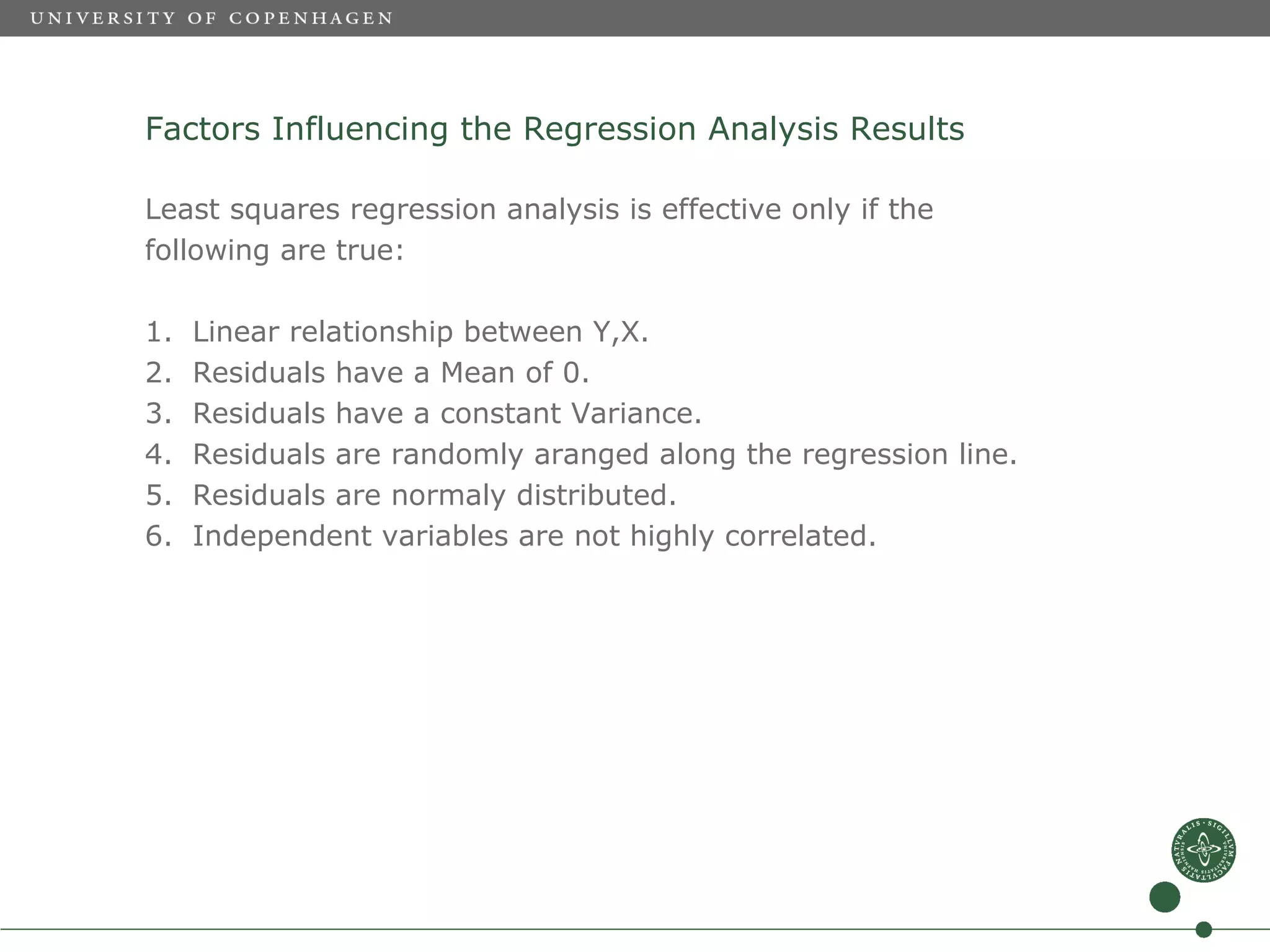 Factors Influencing the Regression Analysis Results

Least squares regression analysis is effective only if the
following are true:

1.   Linear relationship between Y,X.
2.   Residuals have a Mean of 0.
3.   Residuals have a constant Variance.
4.   Residuals are randomly aranged along the regression line.
5.   Residuals are normaly distributed.
6.   Independent variables are not highly correlated.
 