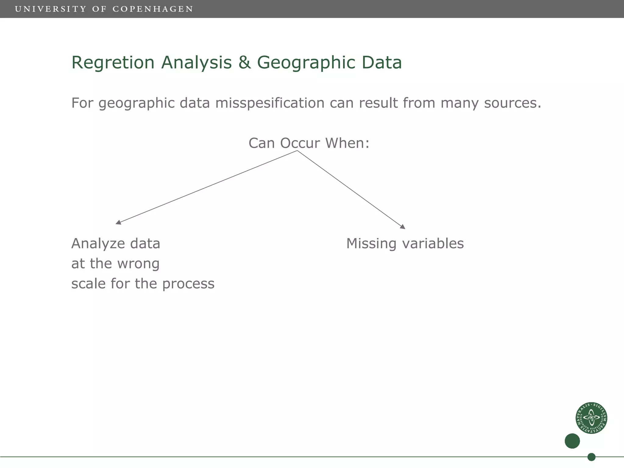 Regretion Analysis & Geographic Data

For geographic data misspesification can result from many sources.

                        Can Occur When:




Analyze data                          Missing variables
at the wrong
scale for the process
 