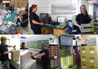 1. Produktion von Receivern. Die Mitarbeiter montieren die gelieferten Bauteile
                                                                                           zusammen.
                                                                                           2. Eine Mitarbeiterin der Produktion überprüft die Funktion der soeben
                                                                                           hergestellten Receiver. Die Geräte müssen mehrere Stunden einwandfrei laufen,
                                                                                           bevor sie verpackt und für den Verkauf freigegeben werden.
                                                                                           3. In der Distribution kontrolliert Karin Szopová, dass jeder Kunde den richtigen
                                                                                           Receiver erhält. Hier hat sie gerade einen Receiver der SAPRO-Marke Di-Box in
                                                                                           der Hand.
                                                                                           4. Anna Chodvrová ist konzentriert dabei, ein Paket für einen Kunden
                                                                                           vorzubereiten.
                                                                                           5. Die Lagerarbeiter beladen einen der 3 firmeneigenen Lieferwägen von SAPRO.
                                                                                           6. Blick ins Lager. "Wir haben ständig um die 20.000 Receiver auf Lager,"
                                                                                           erfahren wir von Lubomír Proboszcz, "mal sind es weniger, mal mehr, unser
                                                                                           Umschlag ist sehr hoch."




 1                                                                                     2                                                                                                                                                            3




 4                                                                        5                                                                                                                                                                         6

122 TELE-satellite — Global Digital TV Magazine — 08-09/201 — www.TELE-satellite.com
                                                          1                                                                                                     www.TELE-satellite.com — 08-09/201 — TELE-satellite — Global Digital TV Magazine
                                                                                                                                                                                                 1                                                 123
 