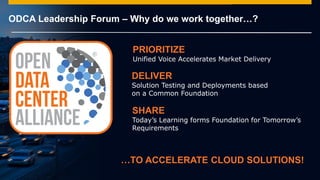 © 2014 SAP AG or an SAP affiliate company. All rights reserved.
ODCA Leadership Forum – Why do we work together…?
…TO ACCELERATE CLOUD SOLUTIONS!
DELIVER
Solution Testing and Deployments based
on a Common Foundation
SHARE
Today’s Learning forms Foundation for Tomorrow’s
Requirements
PRIORITIZE
Unified Voice Accelerates Market Delivery
 