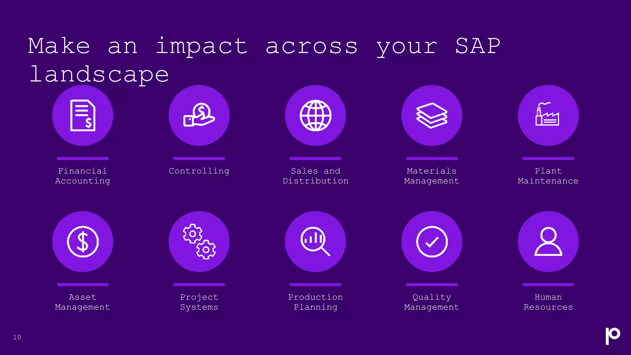 Make an impact across your SAP
landscape
10
Financial
Accounting
Controlling Sales and
Distribution
Materials
Management
Plant
Maintenance
Asset
Management
Project
Systems
Production
Planning
Quality
Management
Human
Resources
 