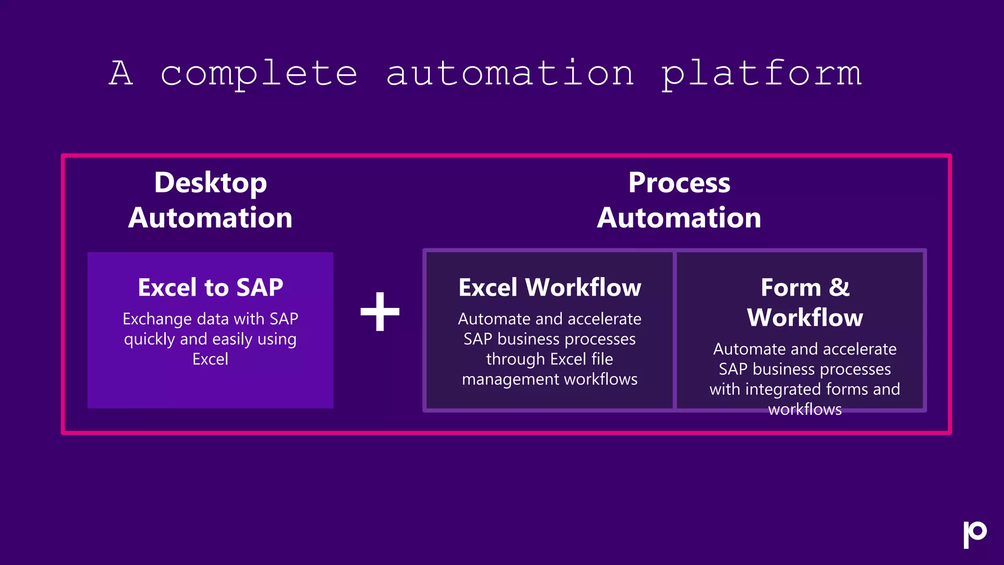 A complete automation platform
Excel to SAP
Exchange data with SAP
quickly and easily using
Excel
Form &
Workflow
Automate and accelerate
SAP business processes
with integrated forms and
workflows
Excel Workflow
Automate and accelerate
SAP business processes
through Excel file
management workflows
Process
Automation
Desktop
Automation
 