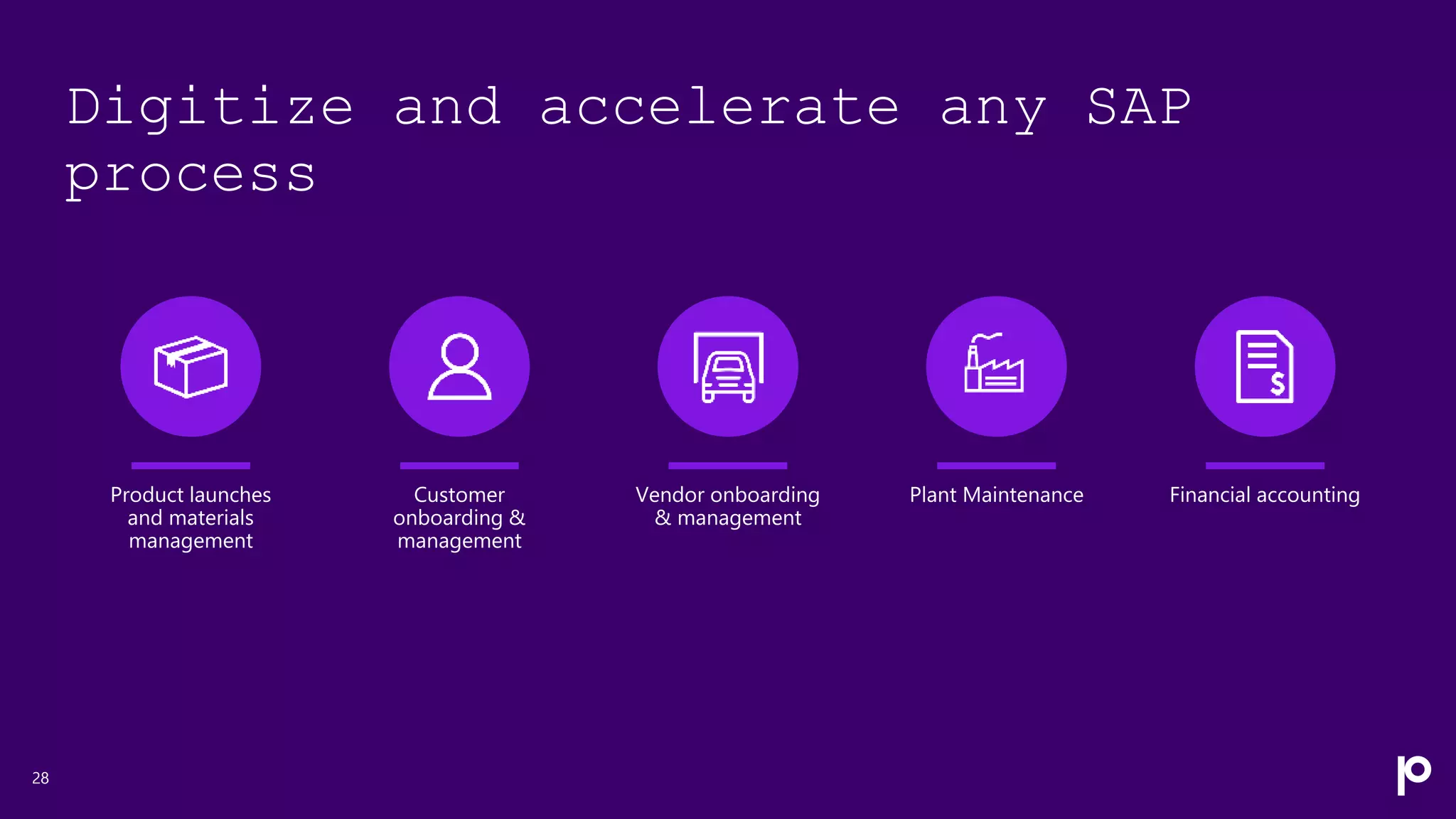 Digitize and accelerate any SAP
process
28
Product launches
and materials
management
Customer
onboarding &
management
Vendor onboarding
& management
Plant Maintenance Financial accounting
 