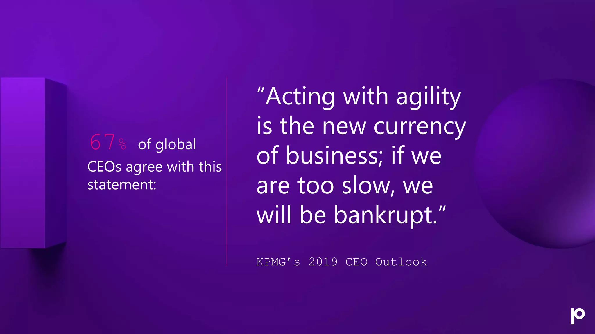 “Acting with agility
is the new currency
of business; if we
are too slow, we
will be bankrupt.”
KPMG’s 2019 CEO Outlook
67% of global
CEOs agree with this
statement:
 