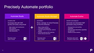 Automate Studio
Precisely Automate portfolio
13
STANDALONE
Exchange data with SAP
quickly and easily using Excel
• Data cr...