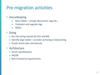 Pre-migration activities
• Housekeeping
 Basis Tables – change documents, logs etc…
 Transport and upgrade logs
 IDOCs
• Sizing
 Run the Sizing reports for ECC and BW
 Identify large tables – consider archiving or Data tiering
 Create action plan and execute
• Architecture
 Server specifications
 HA/DR
 Non-Functional requirements
18
 