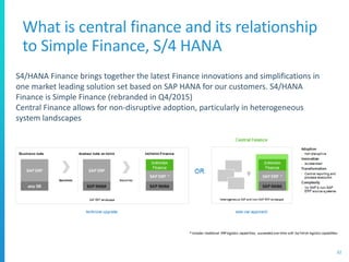 What is central finance and its relationship
to Simple Finance, S/4 HANA
32
S4/HANA Finance brings together the latest Finance innovations and simplifications in
one market leading solution set based on SAP HANA for our customers. S4/HANA
Finance is Simple Finance (rebranded in Q4/2015)
Central Finance allows for non-disruptive adoption, particularly in heterogeneous
system landscapes
 