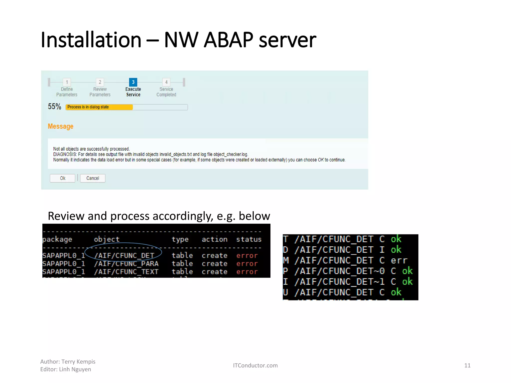 Installation – NW ABAP server
Author: Terry Kempis
Editor: Linh Nguyen
ITConductor.com 11
Review and process accordingly, e.g. below
 