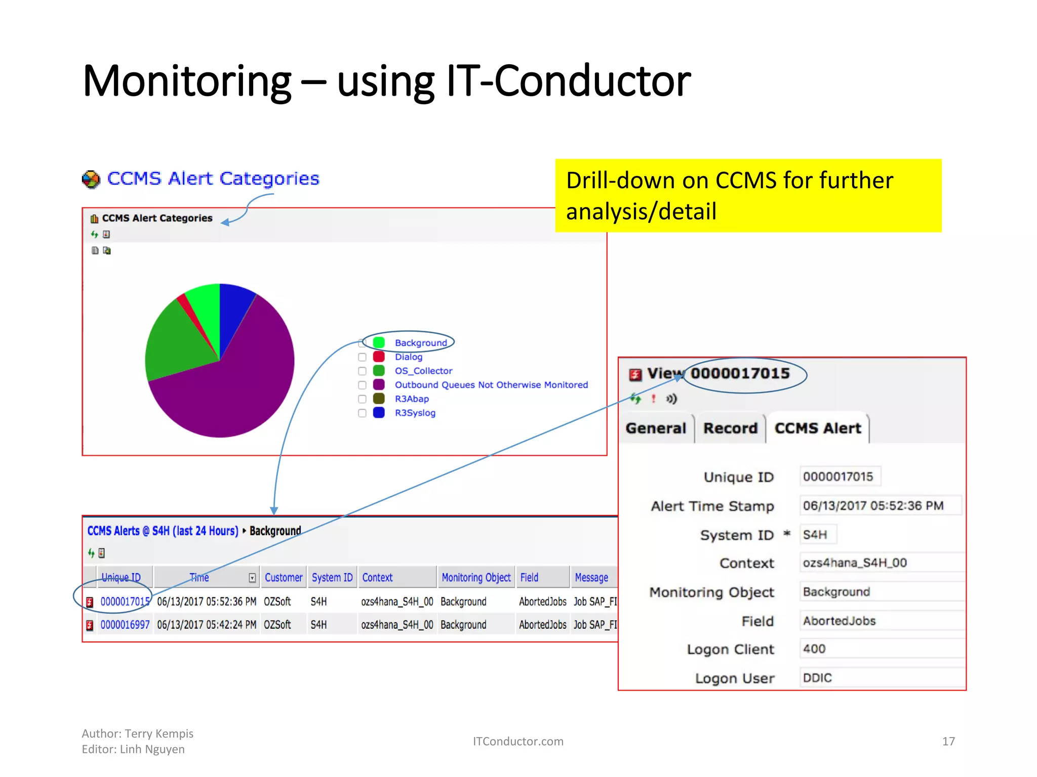 Monitoring – using IT-Conductor
Author: Terry Kempis
Editor: Linh Nguyen
ITConductor.com 17
Drill-down on CCMS for further
analysis/detail
 
