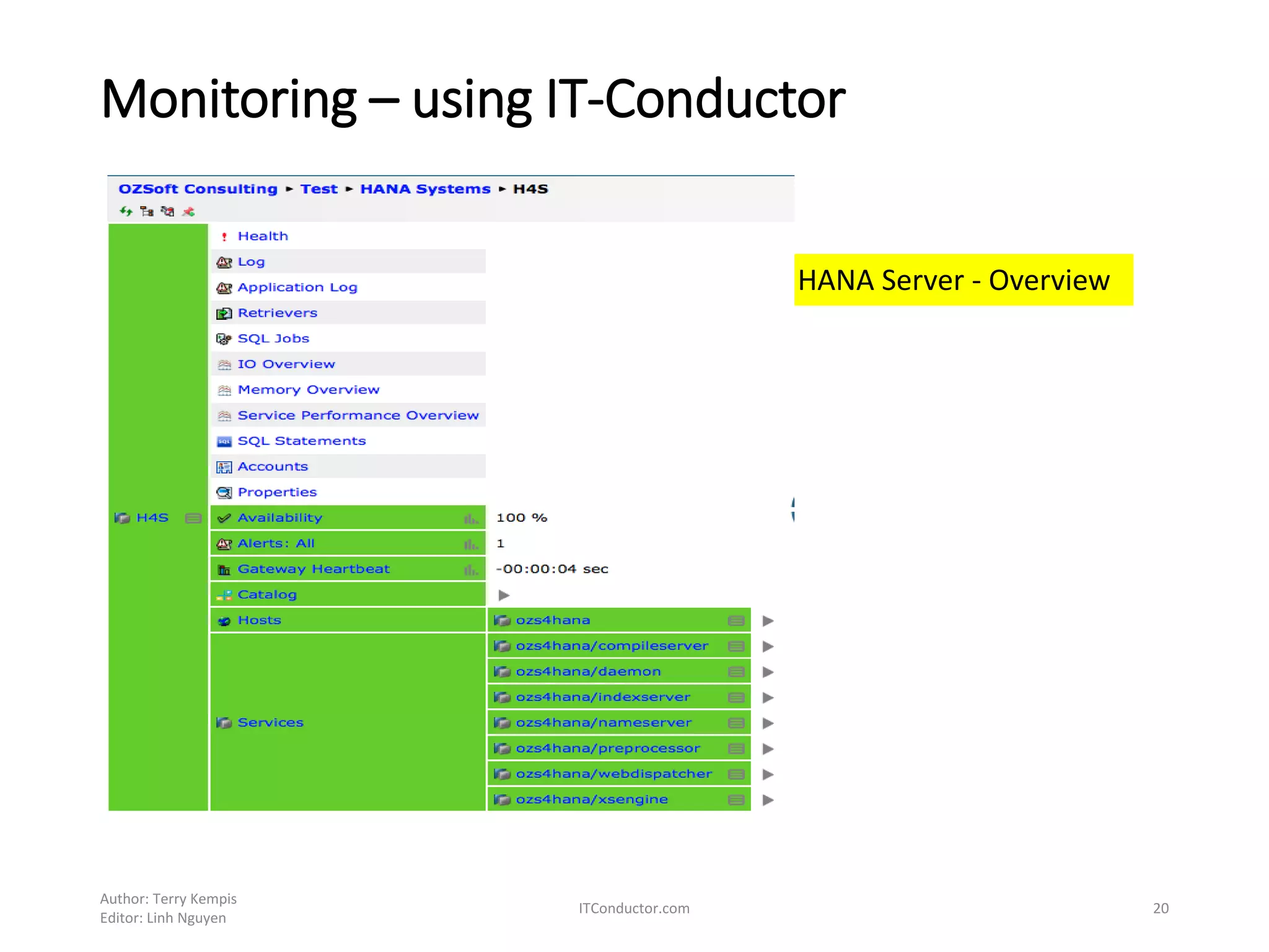 Monitoring – using IT-Conductor
Author: Terry Kempis
Editor: Linh Nguyen
ITConductor.com 20
HANA Server - Overview
 