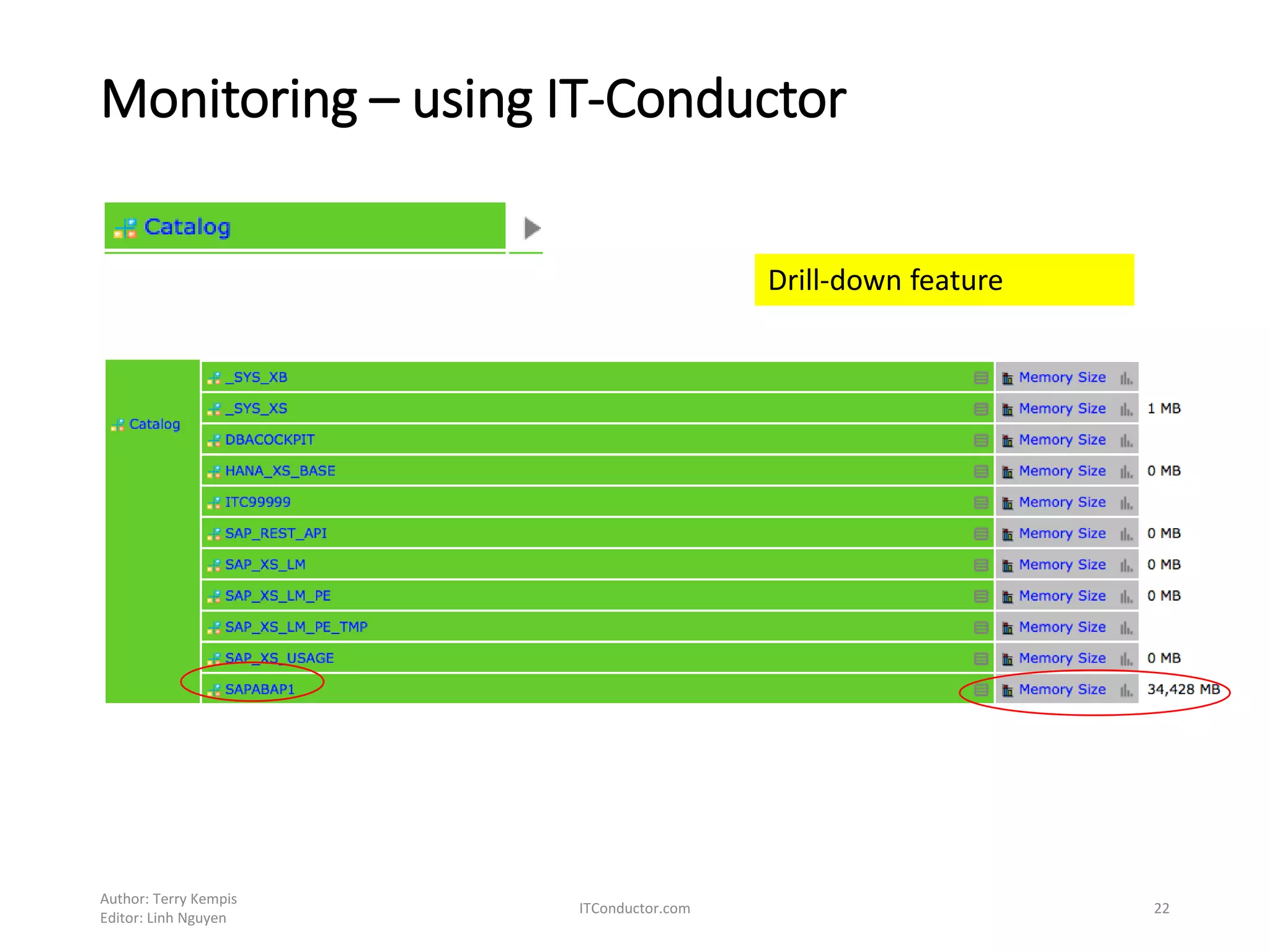 Monitoring – using IT-Conductor
Author: Terry Kempis
Editor: Linh Nguyen
ITConductor.com 22
Drill-down feature
 