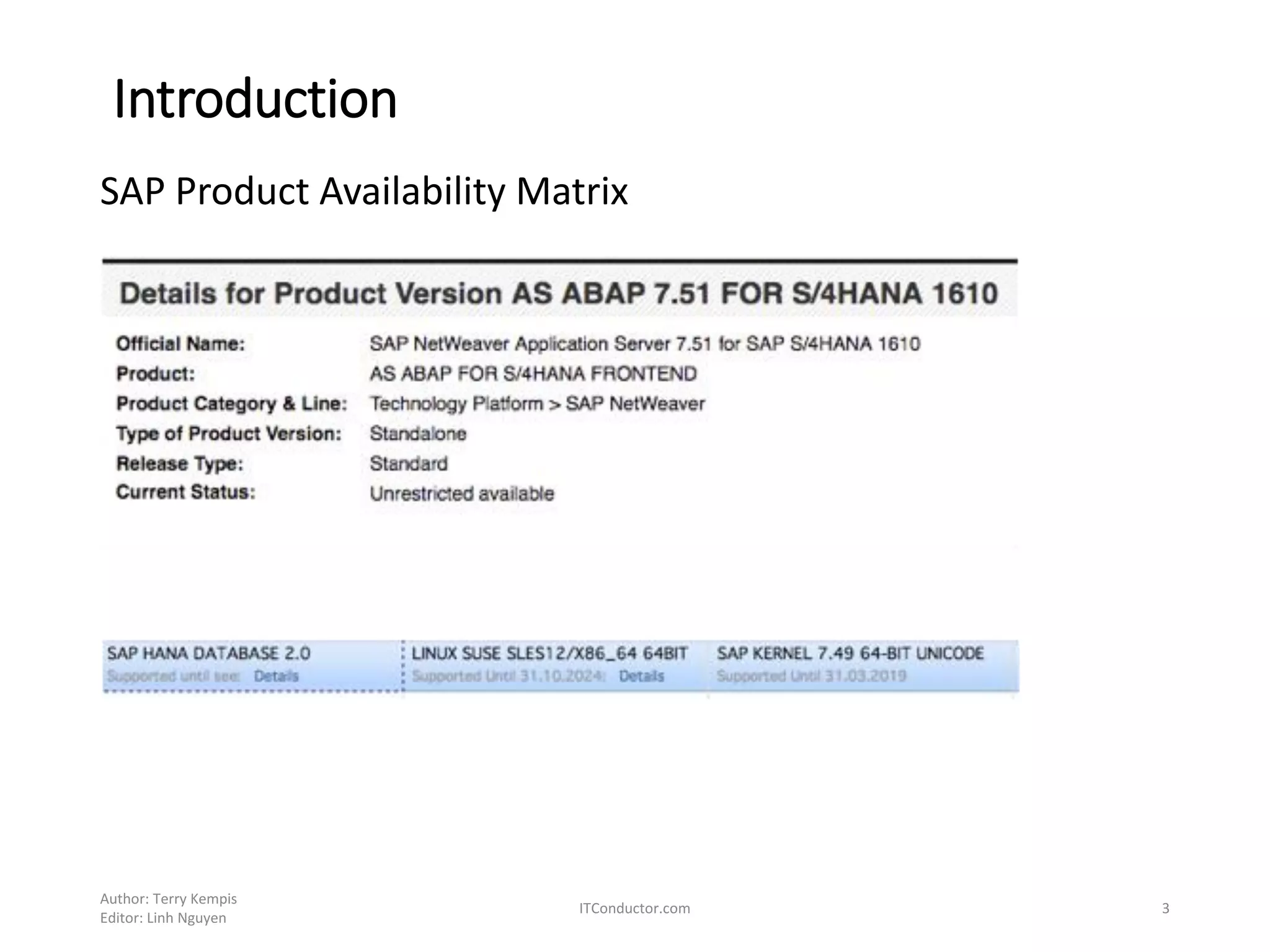 Introduction
SAP Product Availability Matrix
Author: Terry Kempis
Editor: Linh Nguyen
ITConductor.com 3
 
