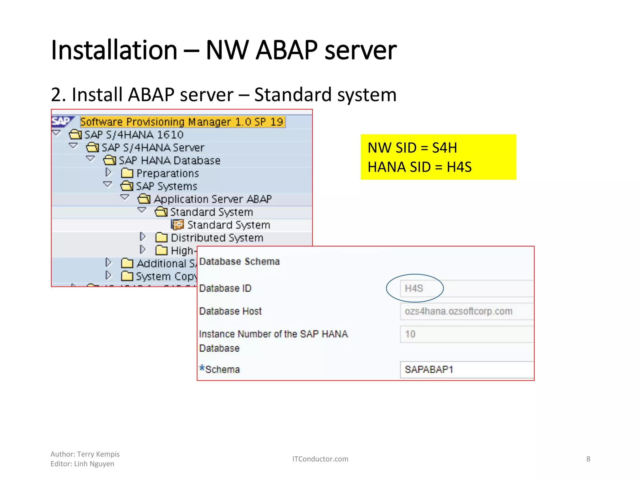 Installation – NW ABAP server
2. Install ABAP server – Standard system
Author: Terry Kempis
Editor: Linh Nguyen
ITConductor.com 8
NW SID = S4H
HANA SID = H4S
 