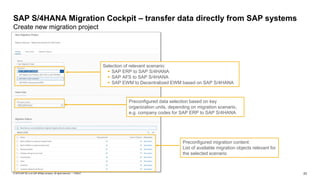 23
PUBLIC
© 2019 SAP SE or an SAP affiliate company. All rights reserved. ǀ
SAP S/4HANA Migration Cockpit – transfer data directly from SAP systems
Create new migration project
Preconfigured migration content:
List of available migration objects relevant for
the selected scenario
Selection of relevant scenario:
▪ SAP ERP to SAP S/4HANA
▪ SAP AFS to SAP S/4HANA
▪ SAP EWM to Decentralized EWM based on SAP S/4HANA
Preconfigured data selection based on key
organization units, depending on migration scenario,
e.g. company codes for SAP ERP to SAP S/4HANA
 