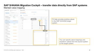 26
PUBLIC
© 2019 SAP SE or an SAP affiliate company. All rights reserved. ǀ
SAP S/4HANA Migration Cockpit – transfer data directly from SAP systems
Maintain value mapping
You can specify value mappings and
transform values from the source system
to the target system.
F4 help provides existing values
in the SAP S/4HANA target
system
 
