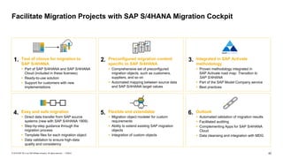 42
PUBLIC
© 2019 SAP SE or an SAP affiliate company. All rights reserved. ǀ
Facilitate Migration Projects with SAP S/4HANA Migration Cockpit
Tool of choice for migration to
SAP S/4HANA
▪ Part of SAP S/4HANA and SAP S/4HANA
Cloud (included in these licenses)
▪ Ready-to-use solution
▪ Support for customers with new
implementations
1. Preconfigured migration content
specific to SAP S/4HANA
▪ Comprehensive set of preconfigured
migration objects, such as customers,
suppliers, and so on
▪ Automated mapping between source data
and SAP S/4HANA target values
2. Integrated in SAP Activate
methodology
▪ Proven methodology integrated in
SAP Activate road map: Transition to
SAP S/4HANA
▪ Part of the SAP Model Company service
▪ Best practices
3.
Outlook
▪ Automated validation of migration results
▪ Facilitated auditing
▪ Complementing Apps for SAP S/4HANA
Cloud
▪ Data cleansing and integration with MDG
6.
Easy and safe migration
▪ Direct data transfer from SAP source
systems (new with SAP S/4HANA 1909)
▪ Step-by-step guidance through the
migration process
▪ Template files for each migration object
▪ Data validation to ensure high-data
quality and consistency
4. Flexible and extendable
▪ Migration object modeler for custom
requirements
▪ Ability to extend existing SAP migration
objects
▪ Integration of custom objects
5.
 