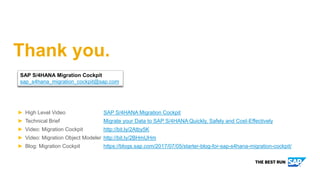Thank you.
SAP S/4HANA Migration Cockpit
sap_s4hana_migration_cockpit@sap.com
► High Level Video SAP S/4HANA Migration Cockpit
► Technical Brief Migrate your Data to SAP S/4HANA Quickly, Safely and Cost-Effectively
► Video: Migration Cockpit http://bit.ly/2Atby5K
► Video: Migration Object Modeler http://bit.ly/2BHmUHm
► Blog: Migration Cockpit https://blogs.sap.com/2017/07/05/starter-blog-for-sap-s4hana-migration-cockpit/
 