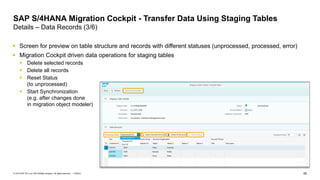 55
PUBLIC
© 2019 SAP SE or an SAP affiliate company. All rights reserved. ǀ
▪ Screen for preview on table structure and records with different statuses (unprocessed, processed, error)
▪ Migration Cockpit driven data operations for staging tables
▪ Delete selected records
▪ Delete all records
▪ Reset Status
(to unprocessed)
▪ Start Synchronization
(e.g. after changes done
in migration object modeler)
SAP S/4HANA Migration Cockpit - Transfer Data Using Staging Tables
Details – Data Records (3/6)
 