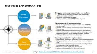 6
PUBLIC
© 2019 SAP SE or an SAP affiliate company. All rights reserved. ǀ Hybrid
Your way to SAP S/4HANA (2/3)
Hybrid
Transition
Mapping Your Journey to SAP S/4HANA - A Practical Guide for Senior IT Leadership
Bring your business processes to the new platform
▪ A complete technical in-place conversion of an existing SAP
ERP system to SAP S/4HANA
▪ Adopt new innovations at your speed
→ Delivery model: included in SAP S/4HANA shipment
SAP S/4HANA
On-Premise
SAP ERP
System
System
Conversion
Partly re-use, partly re-implementation
▪ Covers the migration of relevant business data from SAP ERP to
SAP S/4HANA
▪ Allows to combine redesign of business processes with retaining
historical data
▪ Realized by a combination of standard functions used for a new
implementation or system conversion together with complementing
expert functions which are not released to general availability
→ Delivery model: as a service / consulting project
SAP S/4HANA
On-Premise
SAP ERP
System(s)
Selective
Data Transition
New implementation / re-implementation
▪ Reengineering and process simplification based on latest innovations
▪ Highly standardized, fueled with best practices & based on a clean
core
▪ Implement innovative business processes with preconfigured best
practice content on an innovative platform
▪ Migrate your master data & retire old landscape
→ Delivery model: included in SAP S/4HANA shipment
SAP S/4HANA
On-Premise
SAP S/4HANA
Cloud
SAP ERP or
Third Party
System(s)
New
Implementation
 