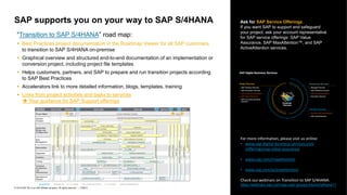 70
PUBLIC
© 2019 SAP SE or an SAP affiliate company. All rights reserved. ǀ
SAP supports you on your way to SAP S/4HANA
For more information, please visit us online:
• www.sap-digital-business-services.com
/offerings/sap-value-assurance
• www.sap.com/maxattention
• www.sap.com/activeattention
Check our webinars on Transition to SAP S/4HANA:
https://webinars.sap.com/sap-user-groups-k4u/en/s4hana11
Ask for SAP Service Offerings
If you want SAP to support and safeguard
your project, ask your account representative
for SAP service offerings: SAP Value
Assurance, SAP MaxAttention™, and SAP
ActiveAttention services.
“Transition to SAP S/4HANA” road map:
▪ Best Practices project documentation in the Roadmap Viewer for all SAP customers
to transition to SAP S/4HANA on-premise
▪ Graphical overview and structured end-to-end documentation of an implementation or
conversion project, including project file templates
▪ Helps customers, partners, and SAP to prepare and run transition projects according
to SAP Best Practices
▪ Accelerators link to more detailed information, blogs, templates, training
▪ Links from project activities and tasks to services
➔ Your guidance for SAP Support offerings
 