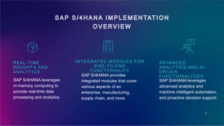 REAL-TIME
INSIGHTS AND
ANALYTICS
SAP S/4HANA leverages
in-memory computing to
provide real-time data
processing and analytics.
INTEGRATED MODULES FOR
END-TO-END
FUNCTIONALITY
SAP S/4HANA provides
integrated modules that cover
various aspects of an
enterprise, manufacturing,
supply chain, and more.
ADVANCED
ANALYTICS AND AI-
DRIVEN
FUNCTIONALITIES
SAP S/4HANA leverages
advanced analytics and
machine intelligent automation,
and proactive decision support.
3
 