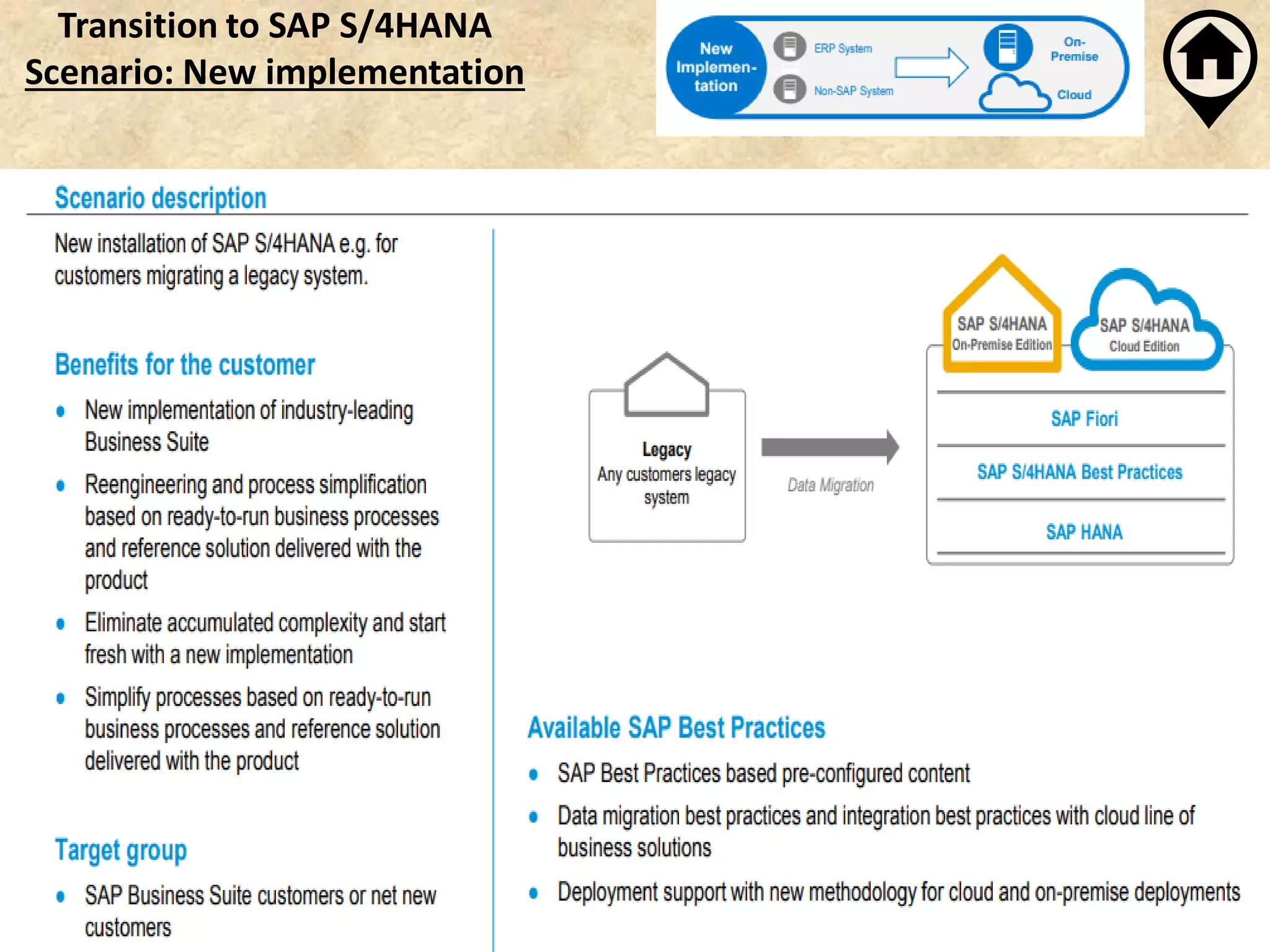 Transition to SAP S/4HANA
Scenario: New implementation
 