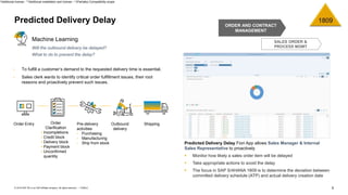 9PUBLIC© 2019 SAP SE or an SAP affiliate company. All rights reserved. ǀ
*Additional license - **Additional installation and license – C(Partially) Compatibility scope
• To fulfill a customer’s demand to the requested delivery time is essential.
• Sales clerk wants to identify critical order fulfillment issues, their root
reasons and proactively prevent such issues.
Order Entry Outbound
delivery
Order
Clarification
 Incompletions
 Credit block
 Delivery block
 Payment block
 Unconfirmed
quantity
Pre-delivery
activities
• Purchasing
• Manufacturing
• Ship from stock
Shipping
Will the outbound delivery be delayed?
What to do to prevent the delay?
Predicted Delivery Delay Fiori App allows Sales Manager & Internal
Sales Representative to proactively
 Monitor how likely a sales order item will be delayed
 Take appropriate actions to avoid the delay
 The focus in SAP S/4HANA 1809 is to determine the deviation between
committed delivery schedule (ATP) and actual delivery creation date
ORDER AND CONTRACT
MANAGEMENT
Predicted Delivery Delay
Machine Learning SALES ORDER &
PROCESS MGMT
 