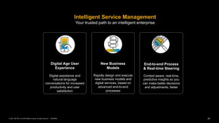 28
INTERNAL
© 2021 SAP SE or an SAP affiliate company. All rights reserved. ǀ
Intelligent Service Management
Your trusted path to an intelligent enterprise
Digital Age User
Experience
Digital assistance and
natural language
conversations for increased
productivity and user
satisfaction
New Business
Models
Rapidly design and execute
new business models and
digital services, based on
advanced end-to-end
processes
End-to-end Process
& Real-time Steering
Context aware, real-time,
predictive insights so you
can make better decisions
and adjustments, faster
 
