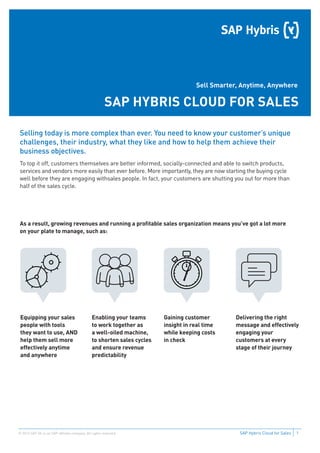1SAP Hybris Cloud for Sales© 2016 SAP SE or an SAP afﬁliate company. All rights reserved.
Sell Smarter, Anytime, Anywhere
SAP HYBRIS CLOUD FOR SALES
Selling today is more complex than ever. You need to know your customer’s unique
challenges, their industry, what they like and how to help them achieve their
business objectives.
To top it off, customers themselves are better informed, socially-connected and able to switch products,
services and vendors more easily than ever before. More importantly, they are now starting the buying cycle
well before they are engaging withsales people. In fact, your customers are shutting you out for more than
half of the sales cycle.
As a result, growing revenues and running a proﬁtable sales organization means you’ve got a lot more
on your plate to manage, such as:
Equipping your sales
people with tools
they want to use, AND
help them sell more
effectively anytime
and anywhere
Gaining customer
insight in real time
while keeping costs
in check
Enabling your teams
to work together as
a well-oiled machine,
to shorten sales cycles
and ensure revenue
predictability
Delivering the right
message and effectively
engaging your
customers at every
stage of their journey
สอบถามรายละเอียดเพิ่มเติม กรุณาติดต่อ 
บริษัท ซันเด โซลูชันส์ จำกัด โทร 0 2634 8899 อีเมล์ sales@sundae.co.th เว็บไซต์ www.sundae.co.th
 