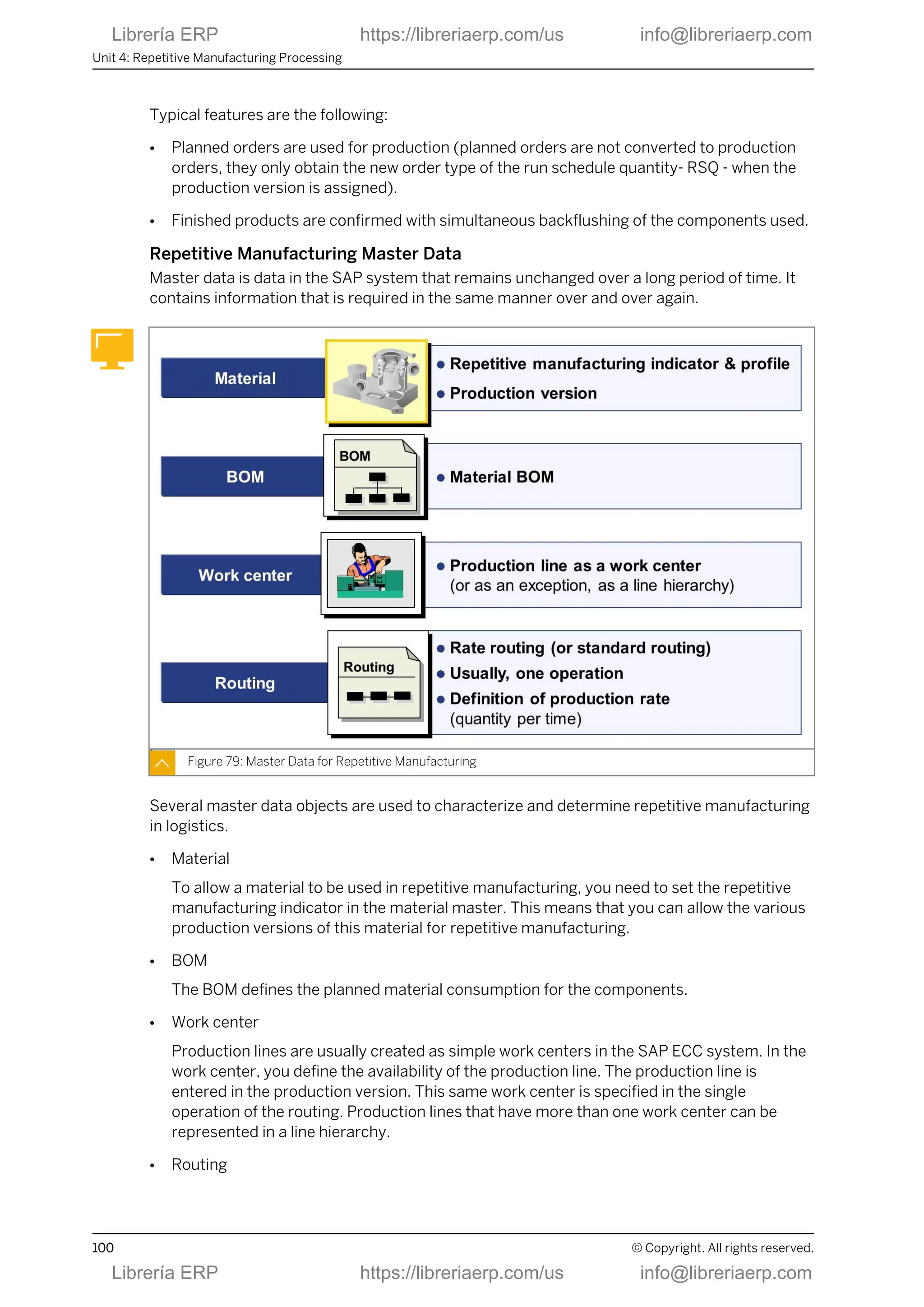 Typical features are the following:
● Planned orders are used for production (planned orders are not converted to production
orders, they only obtain the new order type of the run schedule quantity- RSQ - when the
production version is assigned).
● Finished products are confirmed with simultaneous backflushing of the components used.
Repetitive Manufacturing Master Data
Master data is data in the SAP system that remains unchanged over a long period of time. It
contains information that is required in the same manner over and over again.
Figure 79: Master Data for Repetitive Manufacturing
Several master data objects are used to characterize and determine repetitive manufacturing
in logistics.
● Material
To allow a material to be used in repetitive manufacturing, you need to set the repetitive
manufacturing indicator in the material master. This means that you can allow the various
production versions of this material for repetitive manufacturing.
● BOM
The BOM defines the planned material consumption for the components.
● Work center
Production lines are usually created as simple work centers in the SAP ECC system. In the
work center, you define the availability of the production line. The production line is
entered in the production version. This same work center is specified in the single
operation of the routing. Production lines that have more than one work center can be
represented in a line hierarchy.
● Routing
Unit 4: Repetitive Manufacturing Processing
100 © Copyright. All rights reserved.
Librería ERP https://libreriaerp.com/us info@libreriaerp.com
Librería ERP https://libreriaerp.com/us info@libreriaerp.com
 