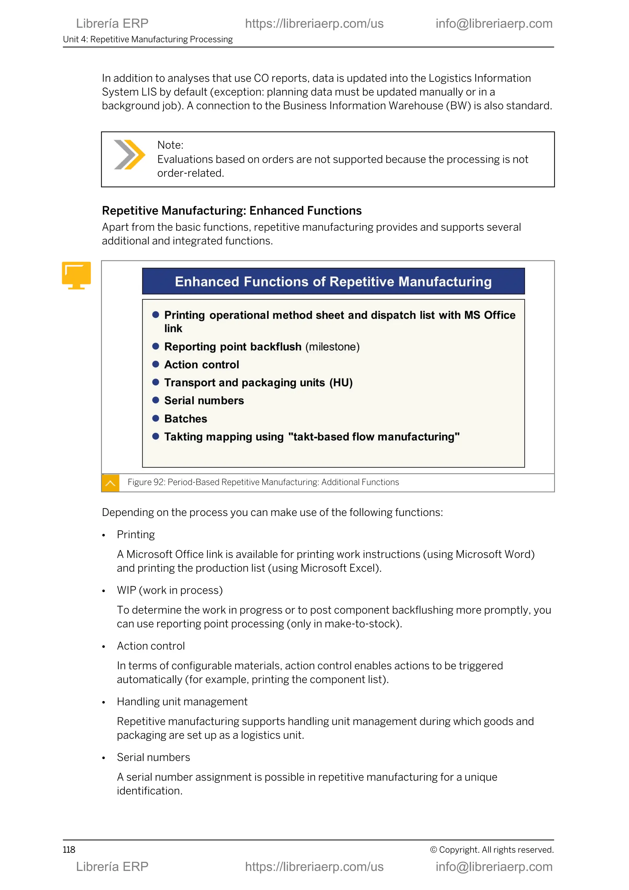 In addition to analyses that use CO reports, data is updated into the Logistics Information
System LIS by default (exception: planning data must be updated manually or in a
background job). A connection to the Business Information Warehouse (BW) is also standard.
Note:
Evaluations based on orders are not supported because the processing is not
order-related.
Repetitive Manufacturing: Enhanced Functions
Apart from the basic functions, repetitive manufacturing provides and supports several
additional and integrated functions.
Figure 92: Period-Based Repetitive Manufacturing: Additional Functions
Depending on the process you can make use of the following functions:
● Printing
A Microsoft Office link is available for printing work instructions (using Microsoft Word)
and printing the production list (using Microsoft Excel).
● WIP (work in process)
To determine the work in progress or to post component backflushing more promptly, you
can use reporting point processing (only in make-to-stock).
● Action control
In terms of configurable materials, action control enables actions to be triggered
automatically (for example, printing the component list).
● Handling unit management
Repetitive manufacturing supports handling unit management during which goods and
packaging are set up as a logistics unit.
● Serial numbers
A serial number assignment is possible in repetitive manufacturing for a unique
identification.
Unit 4: Repetitive Manufacturing Processing
118 © Copyright. All rights reserved.
Librería ERP https://libreriaerp.com/us info@libreriaerp.com
Librería ERP https://libreriaerp.com/us info@libreriaerp.com
 
