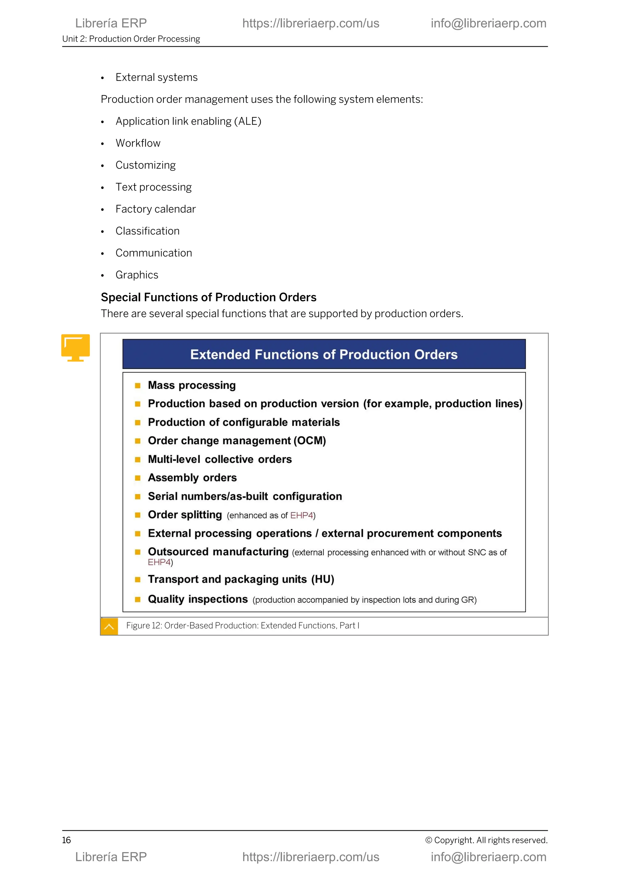● External systems
Production order management uses the following system elements:
● Application link enabling (ALE)
● Workflow
● Customizing
● Text processing
● Factory calendar
● Classification
● Communication
● Graphics
Special Functions of Production Orders
There are several special functions that are supported by production orders.
Figure 12: Order-Based Production: Extended Functions, Part I
Unit 2: Production Order Processing
16 © Copyright. All rights reserved.
Librería ERP https://libreriaerp.com/us info@libreriaerp.com
Librería ERP https://libreriaerp.com/us info@libreriaerp.com
 