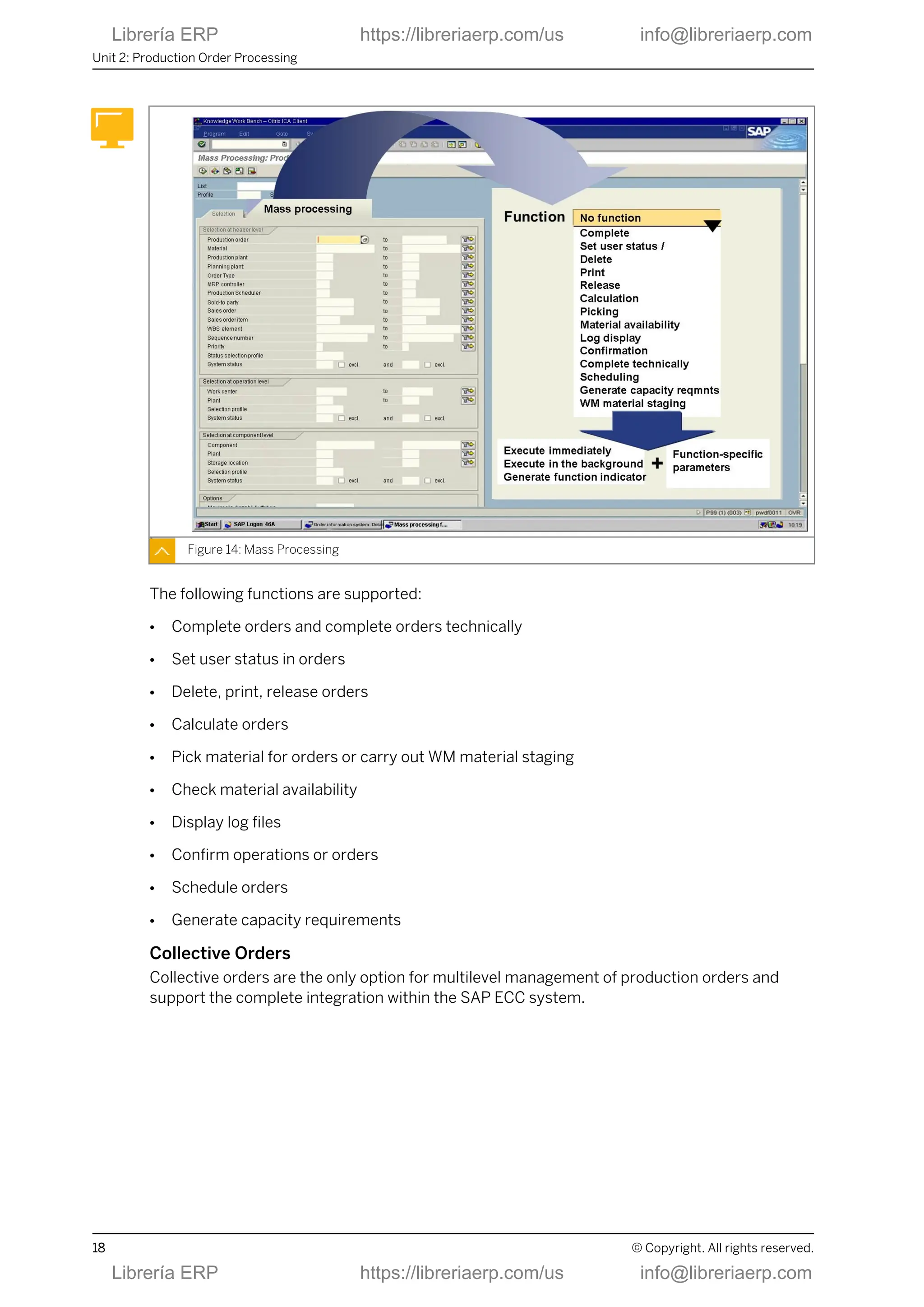 Figure 14: Mass Processing
The following functions are supported:
● Complete orders and complete orders technically
● Set user status in orders
● Delete, print, release orders
● Calculate orders
● Pick material for orders or carry out WM material staging
● Check material availability
● Display log files
● Confirm operations or orders
● Schedule orders
● Generate capacity requirements
Collective Orders
Collective orders are the only option for multilevel management of production orders and
support the complete integration within the SAP ECC system.
Unit 2: Production Order Processing
18 © Copyright. All rights reserved.
Librería ERP https://libreriaerp.com/us info@libreriaerp.com
Librería ERP https://libreriaerp.com/us info@libreriaerp.com
 